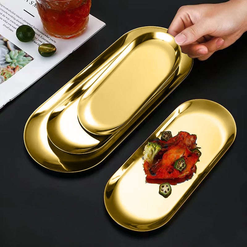 Oval Stainless Steel Plate Set 3 Pieces Small Medium Large Gold Nordic