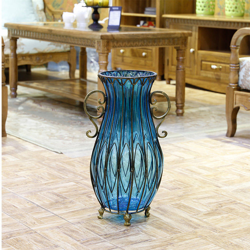 51cm Blue Glass Floor Vase Gold Metal Base With 12pcs Dark Pink Artificial Roses