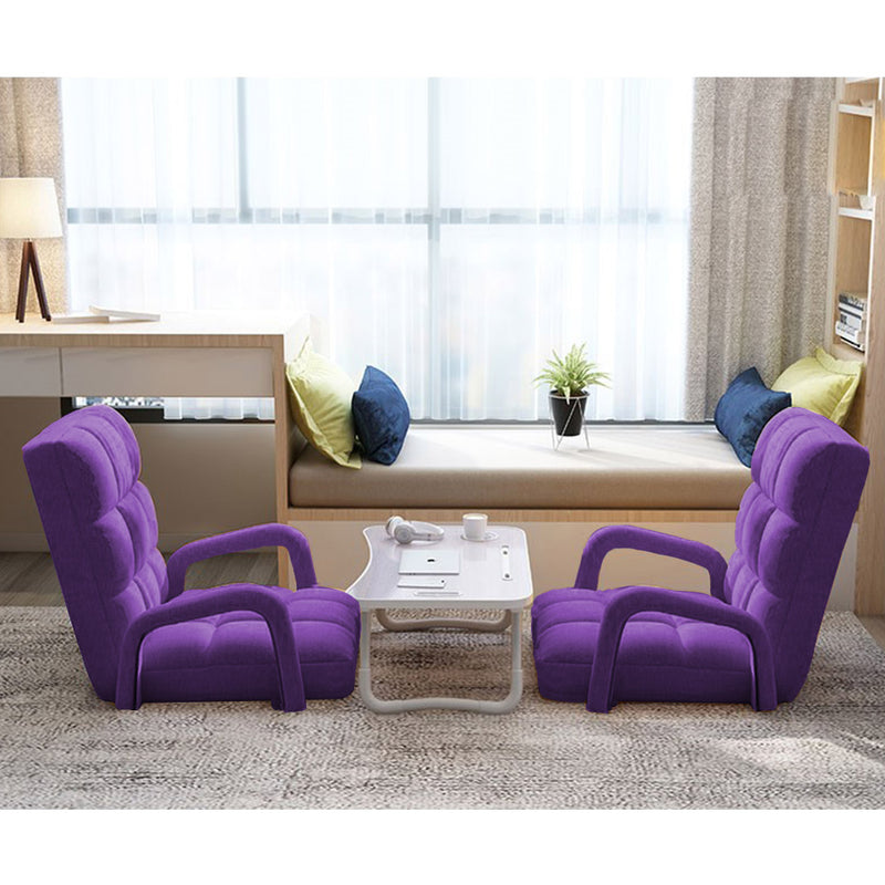2X Foldable Adjustable Floor Recliner Chairs With Armrest Linen 135cm Purple