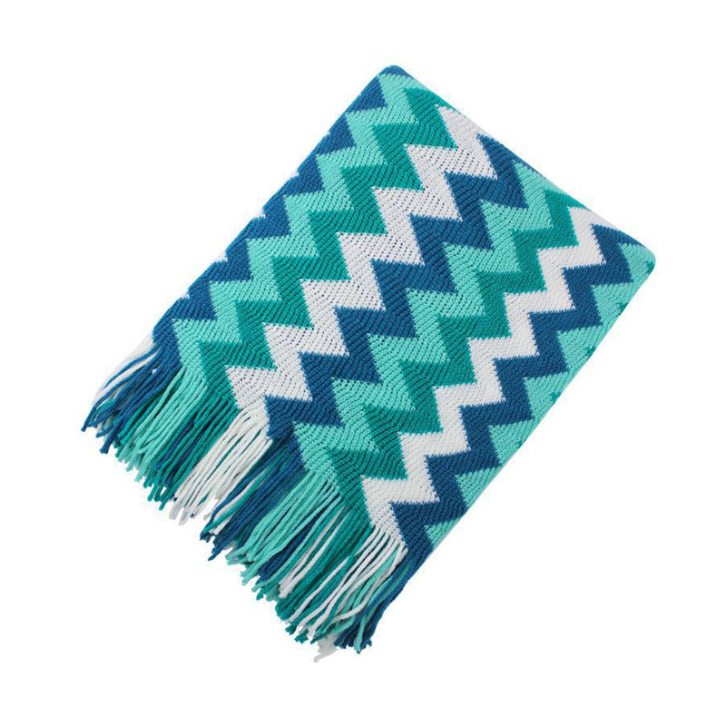 Zigzag Striped Acrylic Throw Blanket 130x170cm Knitted Fringed Blue Teal