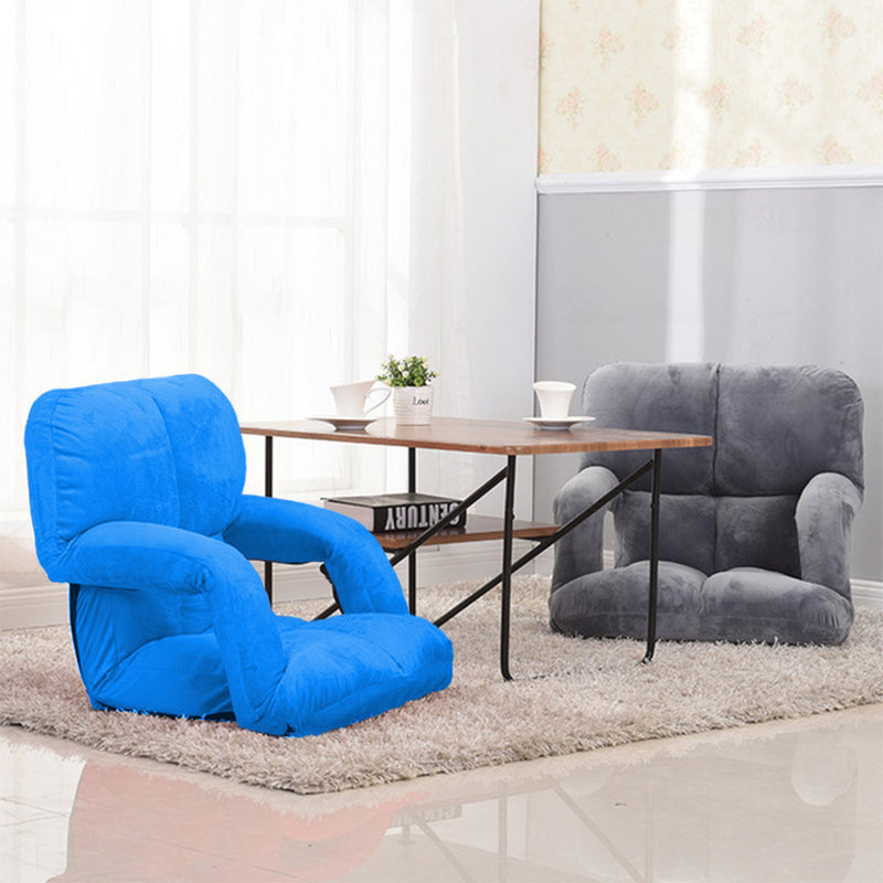Foldable Flannel Blue Floor Lounge Chair Adjustable Recliner with Armrest