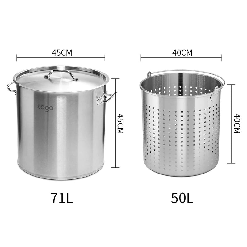 71L Stainless Steel Stockpot with 50L Perforated Pasta Insert Durable Cookware