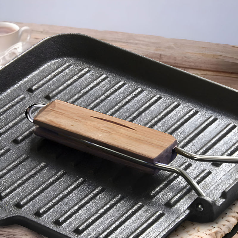 2X 24cm Cast Iron Square Grill Pan Ribbed Surface Folding Wooden Handle