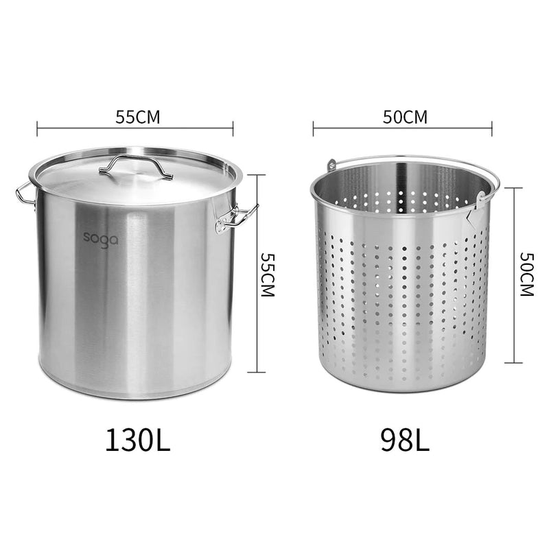 130L Stainless Steel Stockpot With 98L Pasta Insert Heavy Duty For Cooking