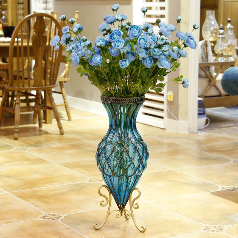 67cm Blue Glass Tall Floor Vase Gold Metal Flower Stand 27x22cm