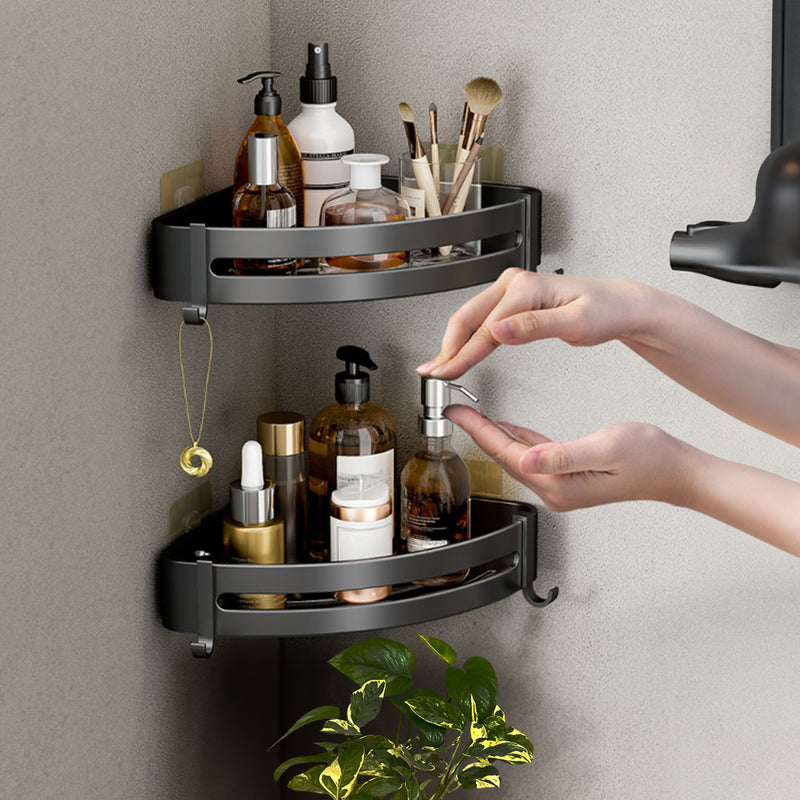 2X Black Aluminum Wall Mounted Bathroom Corner Storage Rack with Hooks