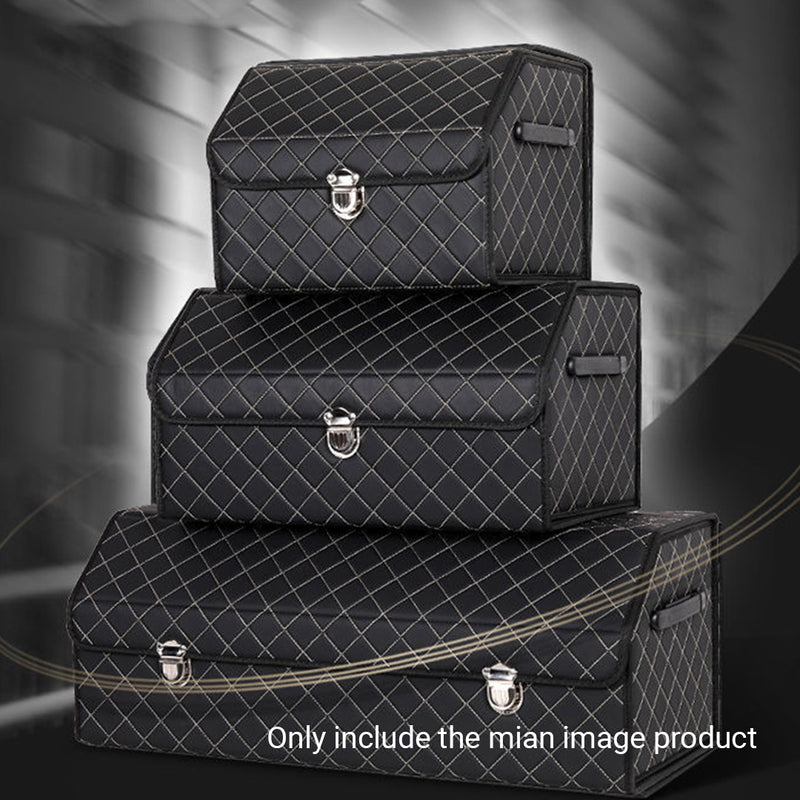 Leather Car Boot Organizer Box Collapsible Foldable With Lock Black Stitch