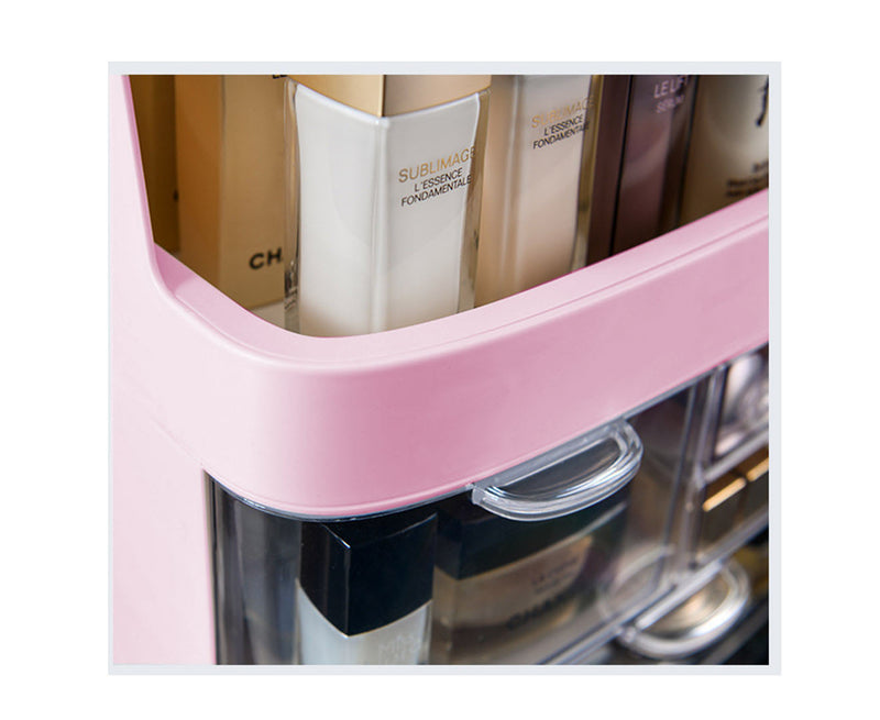 2X 3 Tier ABS Plastic Countertop Makeup Organizer Dustproof Lid Handle Pink
