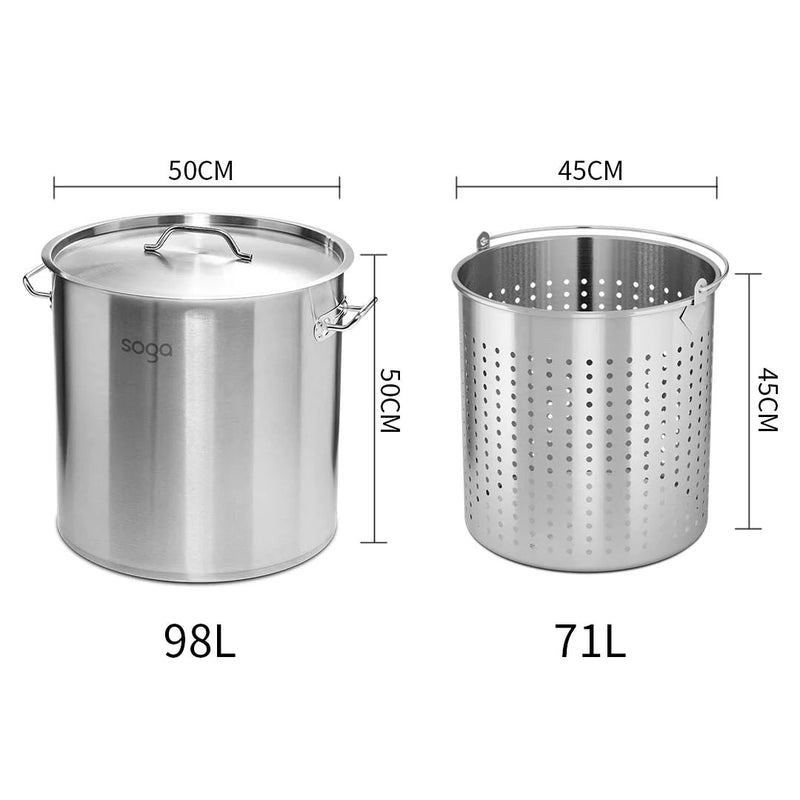 98L Stainless Steel Stockpot With 71L Pasta Insert Strainer Heavy Duty Cooking