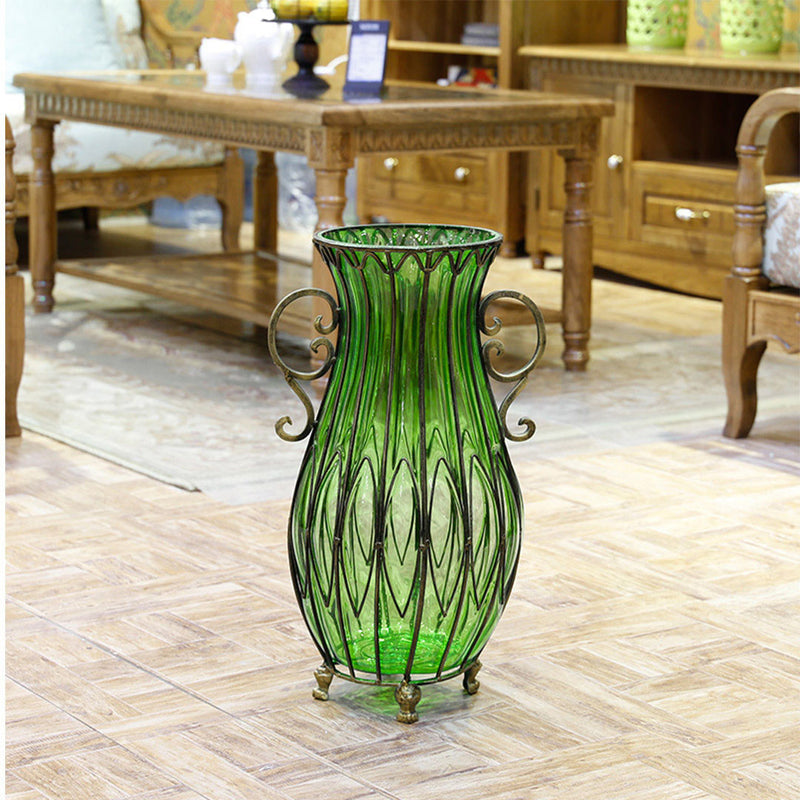 51cm Tall Green Glass Floor Vase Gold Metal Accents 12pcs Artificial Flowers