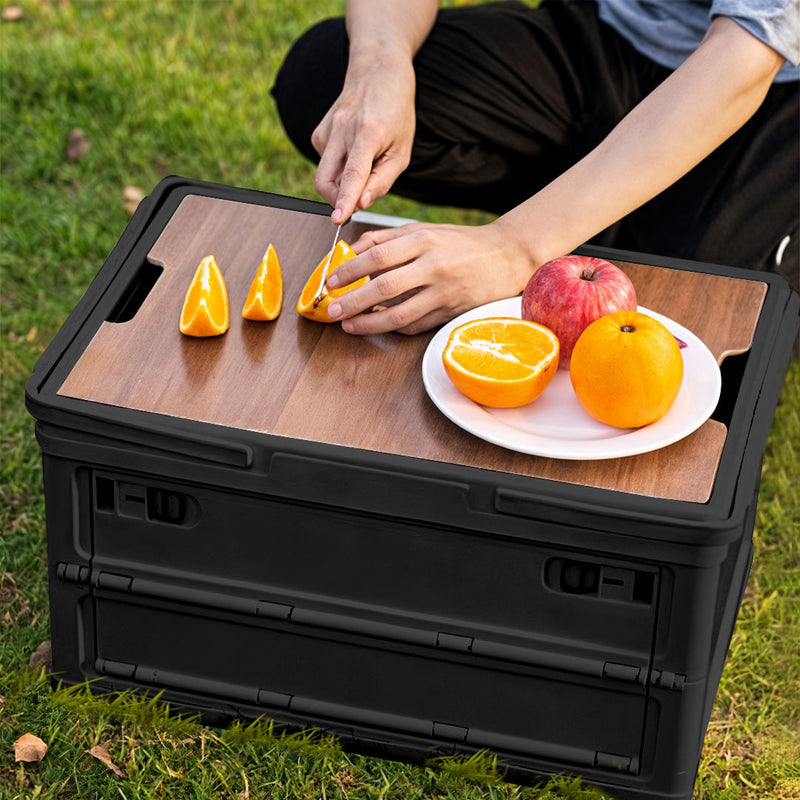 2X 55L Foldable Plastic Storage Box With Handle Stackable Black 52.5cm