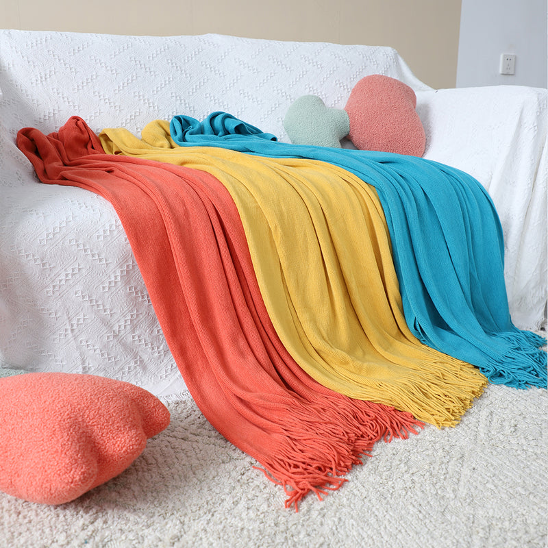 Acrylic Knitted Throw Blanket 130cmx220cm Fringed Orange
