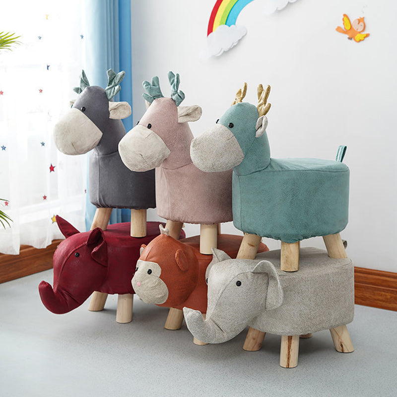 Red Children Round Ottoman Stool Elephant Character Pu Sponge Pine 28x26cm