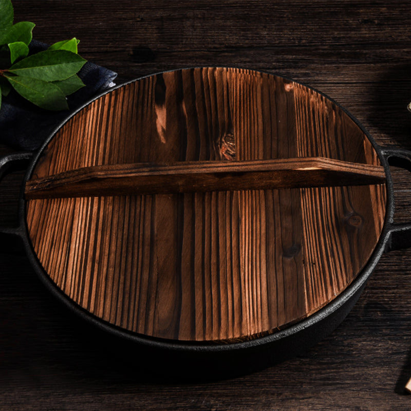 Round 29cm Cast Iron Deep Skillet Pan Pre Seasoned Non Stick Wooden Lid Black