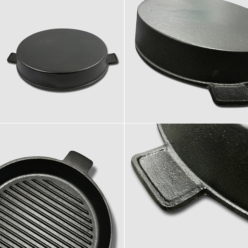 2X 25cm Round Ribbed Cast Iron Skillet Pre Seasoned Non Stick