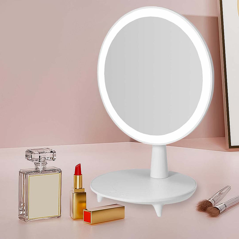 Round White Rechargeable LED Makeup Mirror with Storage and Viewing Angle