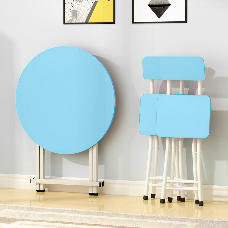 2X Blue Round MDF Folding Dining Table 60cm Space Saving Home Decor
