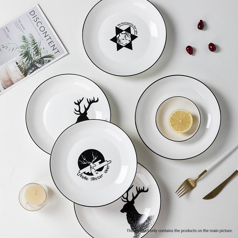 White Ceramic Dinnerware Set of 20 Antler Print Bowls Plates Modern Design