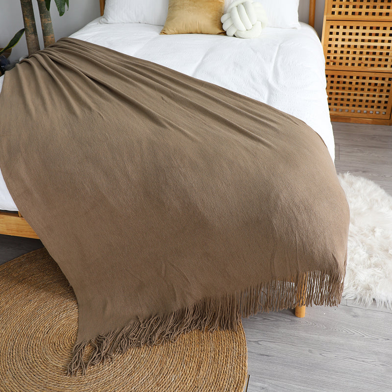 Acrylic Knitted Throw Blanket 130cmx220cm Fringed Cozy Coffee