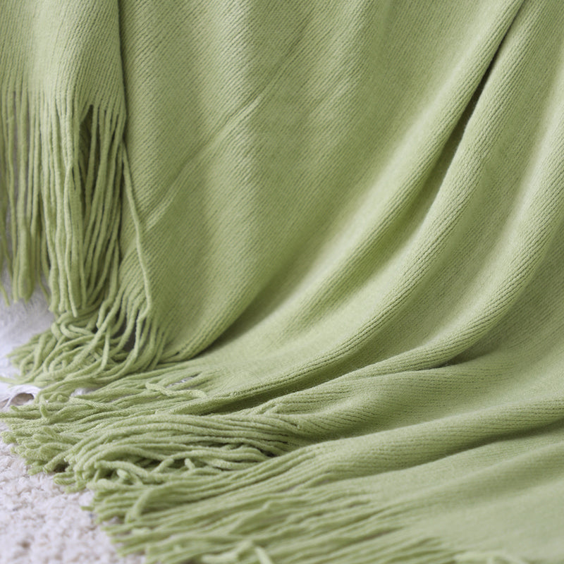 Green Acrylic Knitted Throw Blanket 130cmx220cm Solid Fringed Home Decor