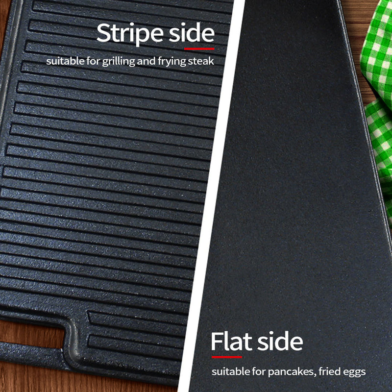 2X 45cm Rectangular Cast Iron Griddle Pan Pre Seasoned Black With Handle