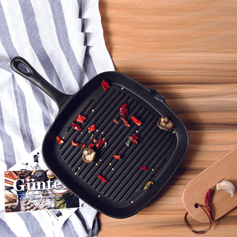 Square Ribbed Cast Iron Fry Pan Skillet 23.5cm Nonstick With Handle Black