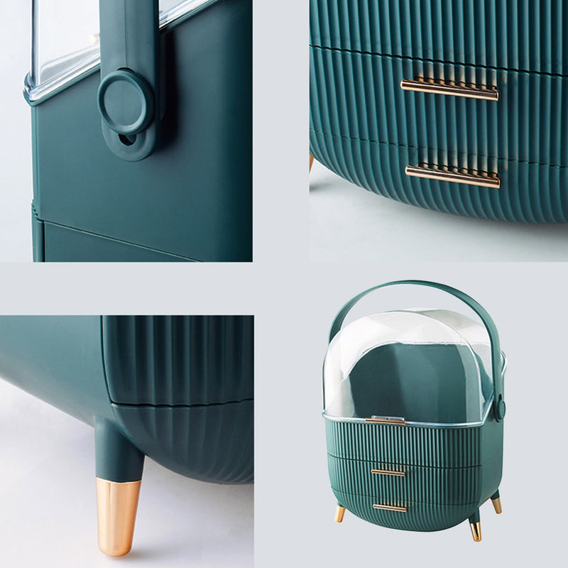 29cm Green Countertop Makeup Storage Box Waterproof Vintage Holder With Handle