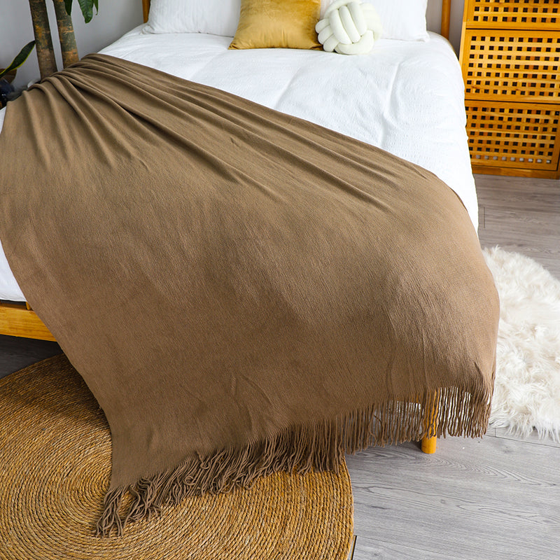 2X Acrylic Knitted Throw Blanket 130cmx220cm Fringed Cozy Coffee