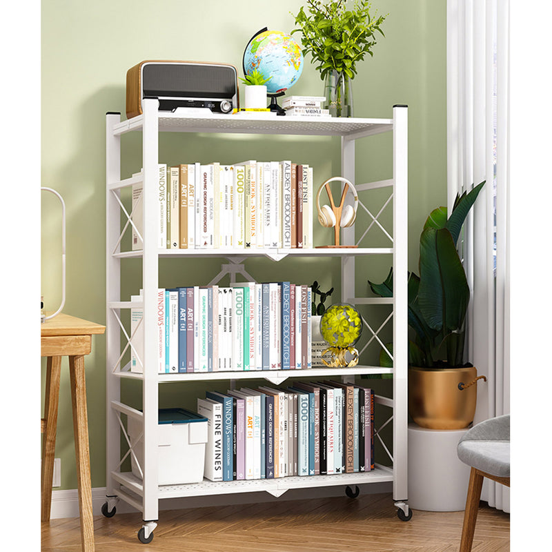 2X White 4 Tier Foldable Steel Shelves With Wheels Multi-Functional Storage Rack