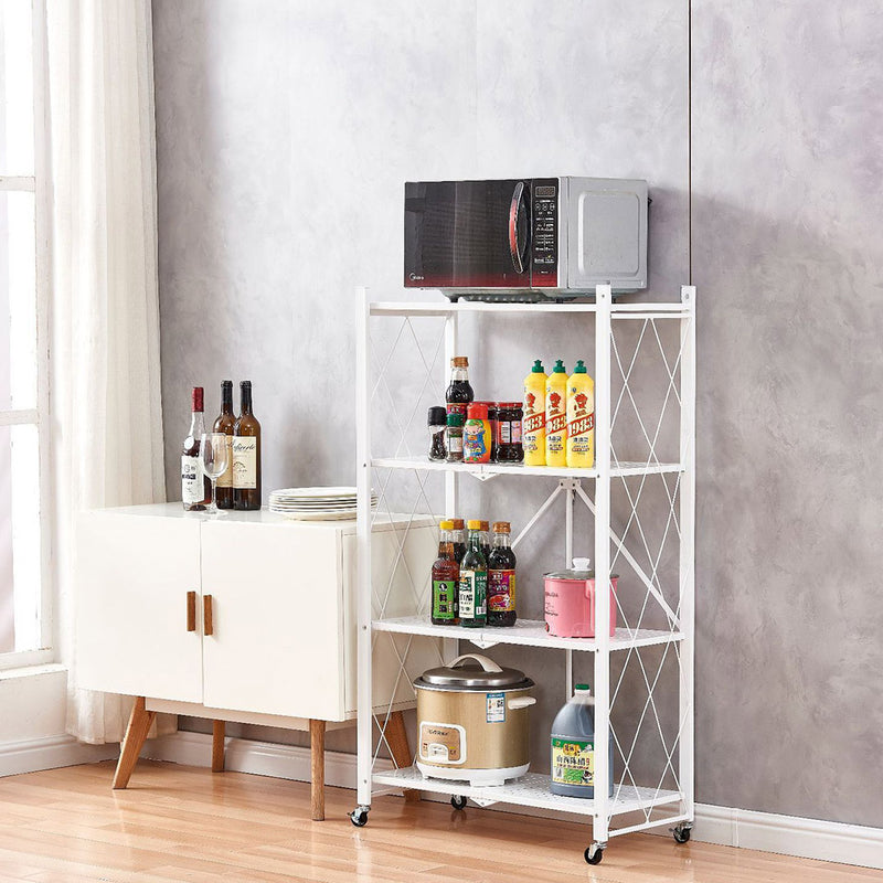 4 Tier Foldable Carbon Steel Kitchen Cart White Portable Storage Shelves Wheels