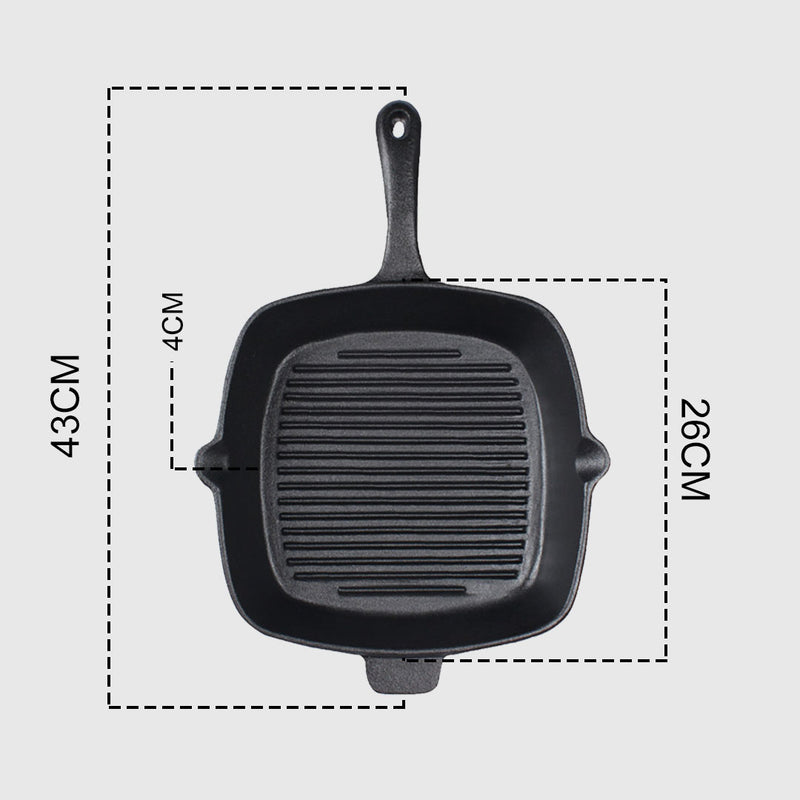 26cm Square Cast Iron Frying Pan Skillet Ribbed Sizzle Platter with Handle