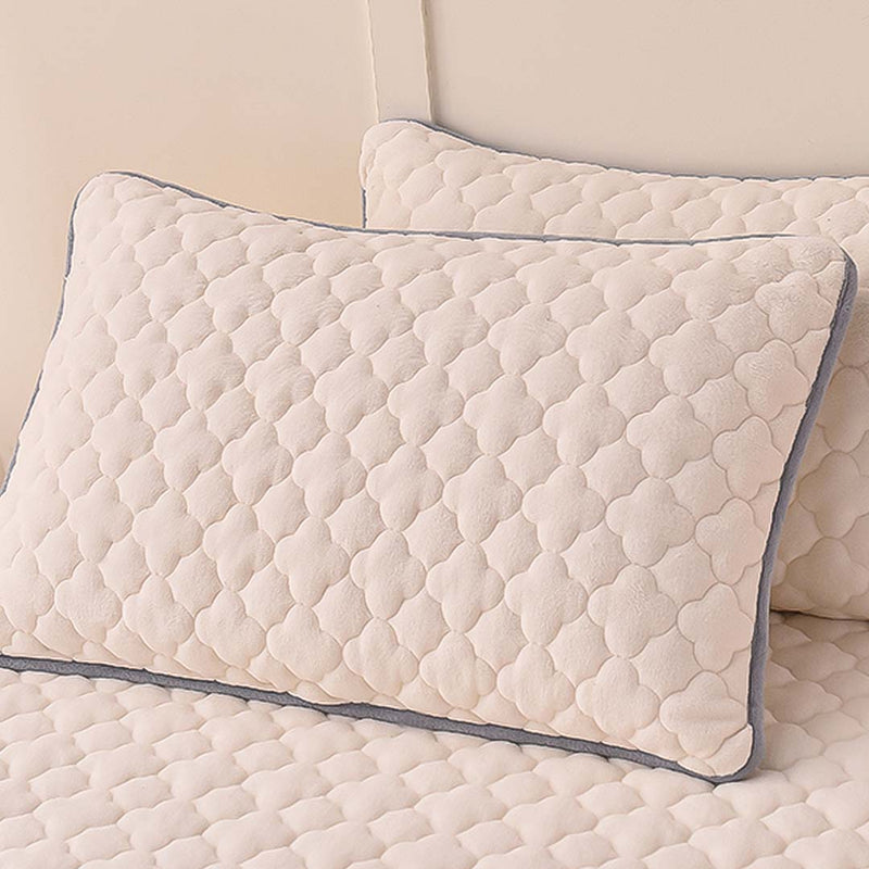 2X Beige 138cm Thick Quilted Fleece Stretch Mattress Protector Pillow Covers