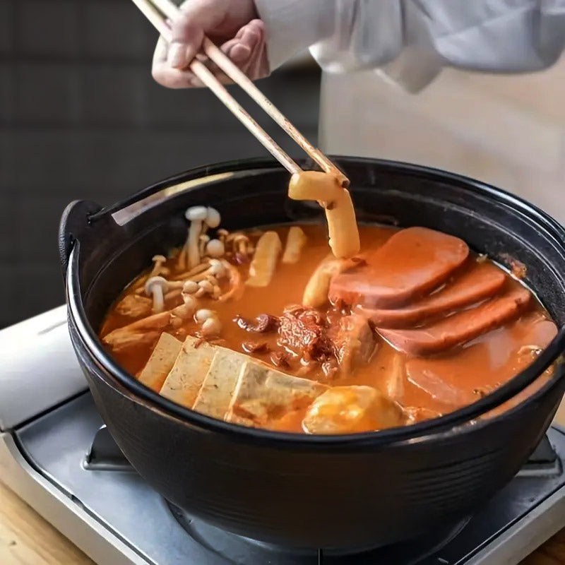 Cast Iron Sukiyaki Nabe Hot Pot 25cm Wooden Lid Nonstick Stovetop Black