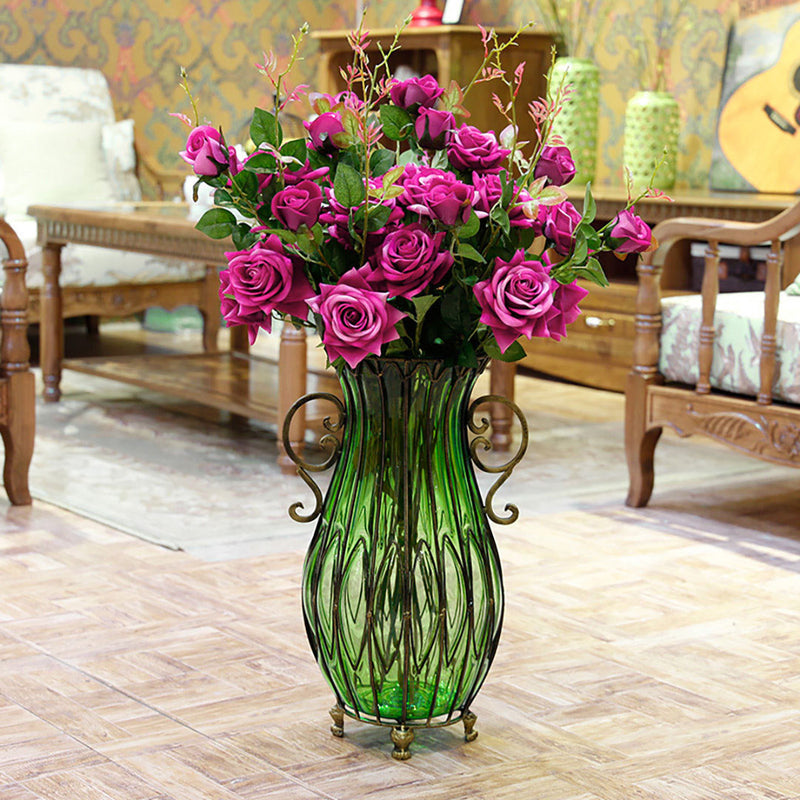 Glass Floor Vase 51cm Green Gold Metal With 12pcs Dark Pink Artificial Flowers