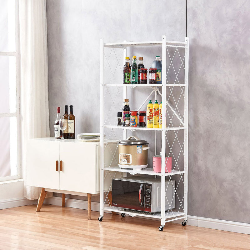 5 Tier Carbon Steel Foldable Kitchen Cart White Locking Wheels 20Kg Per Shelf