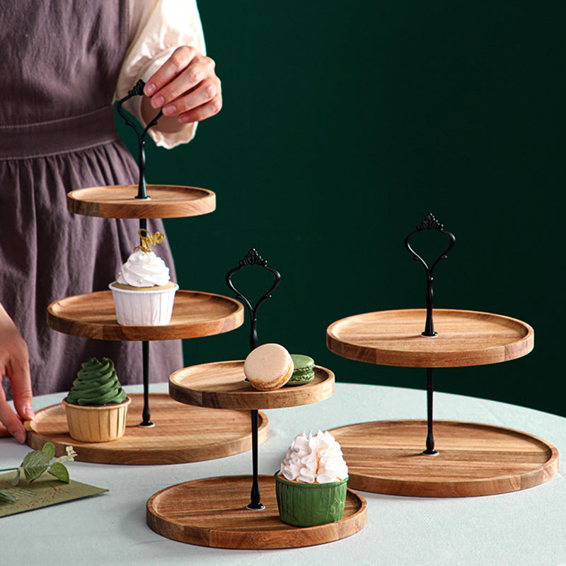 2 Tier Round Dessert Tray Acacia Wood 20cm Brown Serving Stand