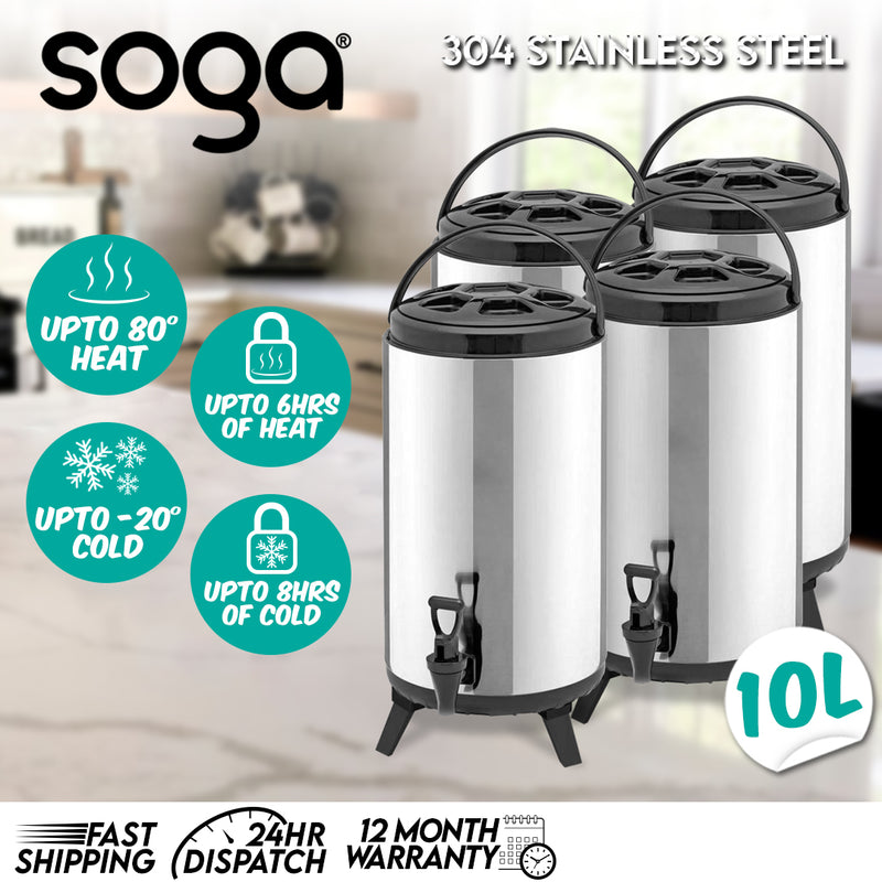 4X 10L Insulated Stainless Steel Beverage Dispenser With Tap For Hot Cold