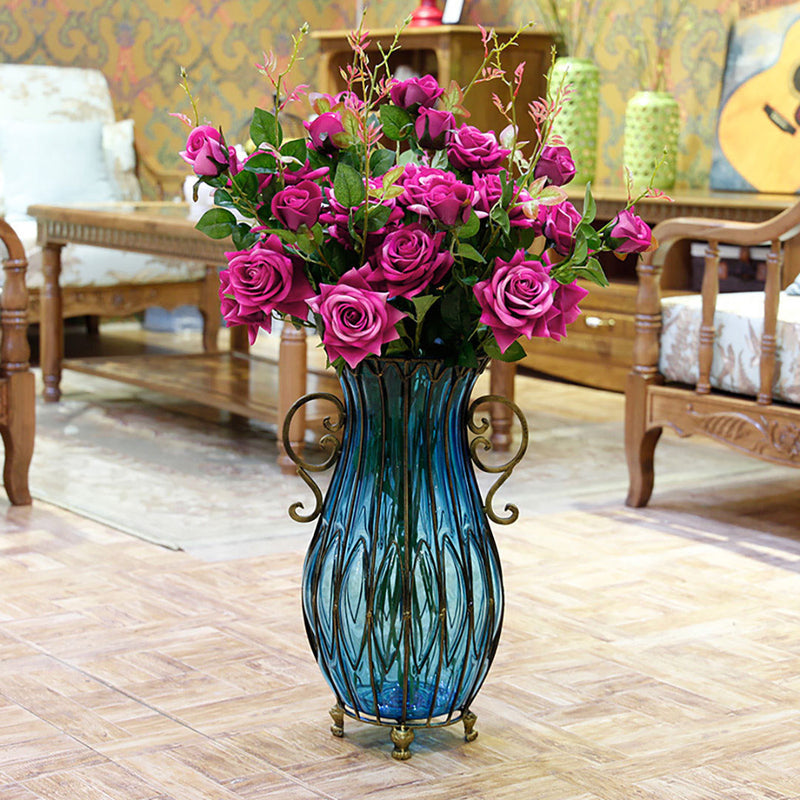 51cm Blue Glass Floor Vase Gold Metal Base With 12pcs Dark Pink Artificial Roses