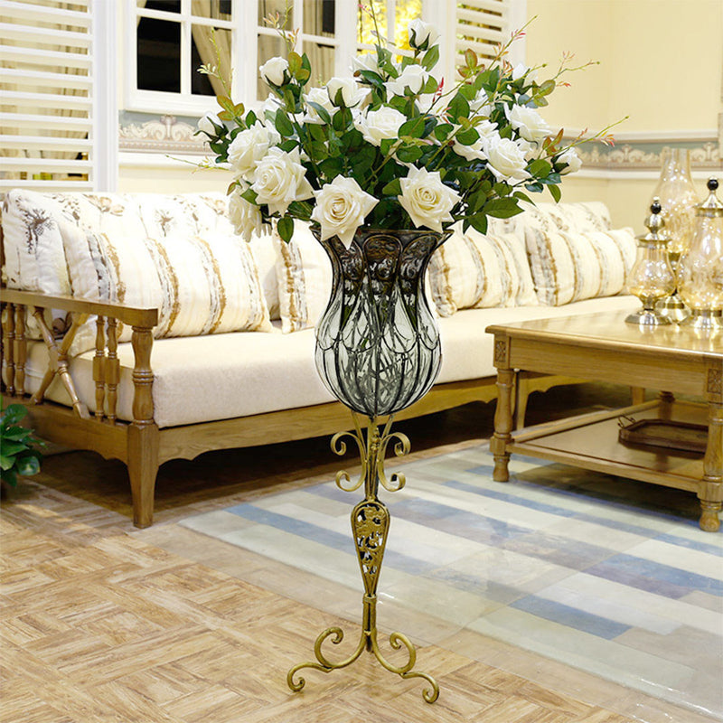 85cm Clear Glass Tall Floor Vase Gold Metal Base 12pcs White Artificial Flowers