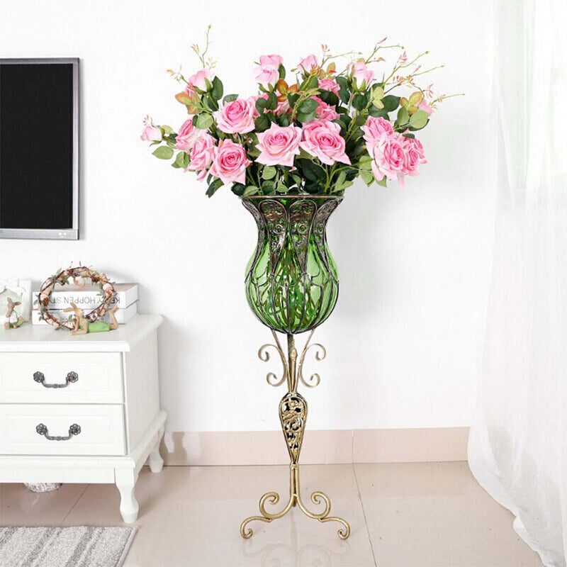 85cm Green Glass Tall Floor Vase Gold Metal Base 12pcs Pink Artificial Flowers