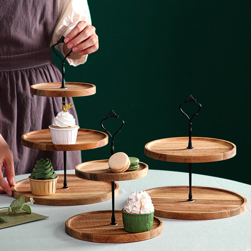 2 Tier 15cm Round Acacia Wood Dessert Tray Stand Brown Serving Table Decor