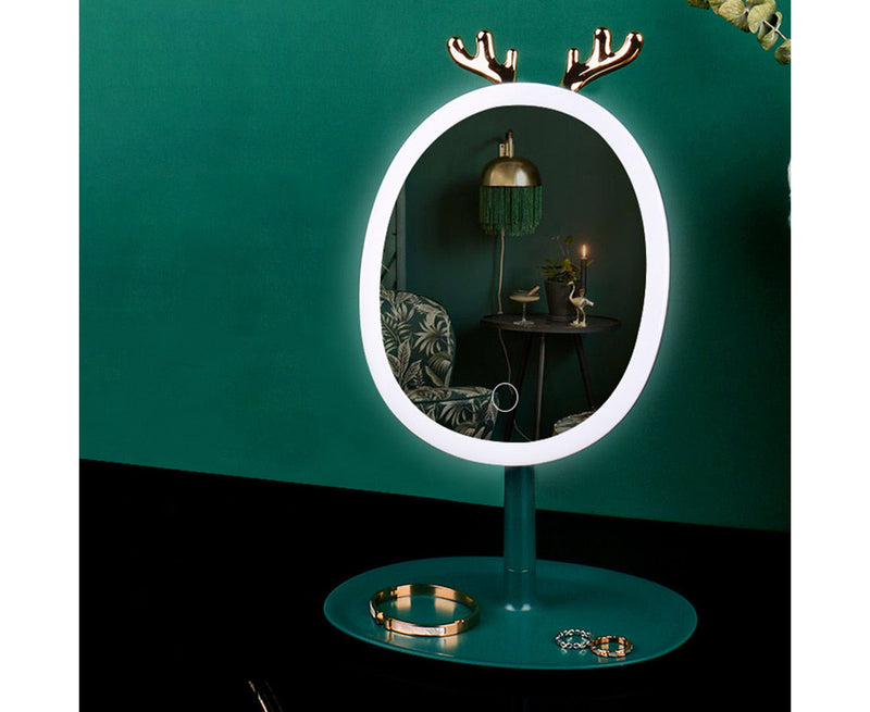 Green Vanity Tabletop Organizer with Antler LED Mirror Makeup Storage Set