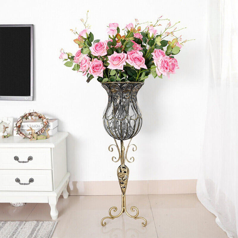 85cm Clear Glass And Gold Metal Floor Vase With 12pcs Pink Artificial Flowers