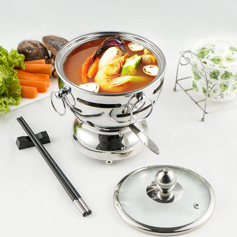 Mini Stainless Steel Hot Pot 18.5cm Single Person Alcohol Stove Burner Glass Lid
