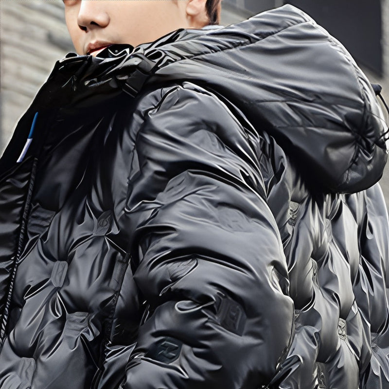 Large Hooded Warm Down Puffer Coat Black Polyester Elastane Long 82cm