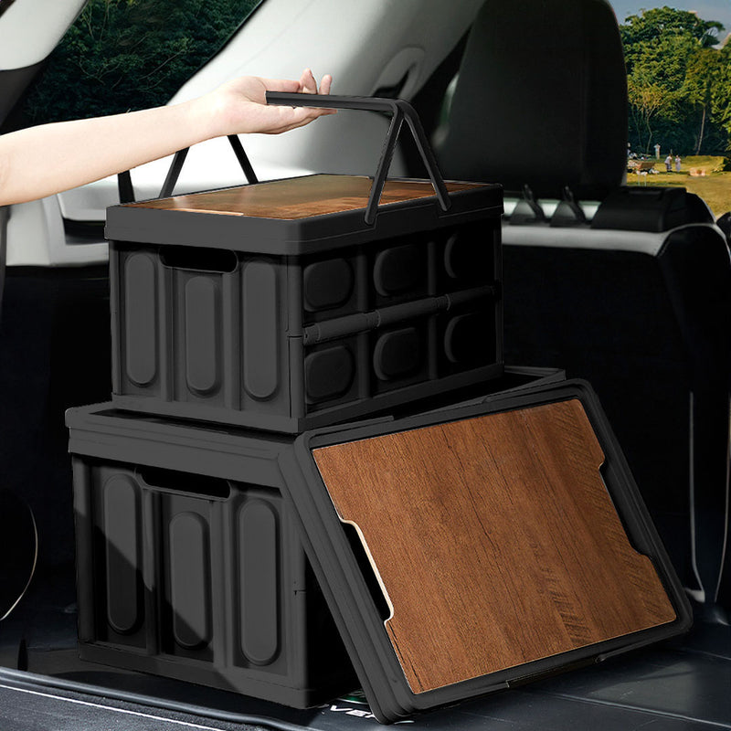 2X 30L Black Foldable Storage Box Crate with Handle for Home Office Travel