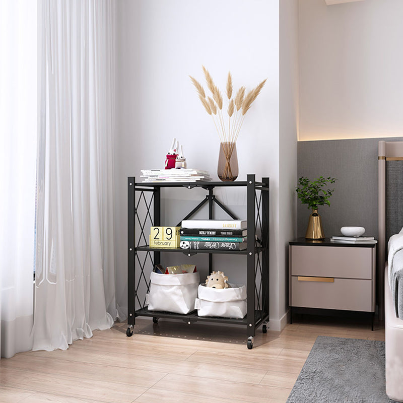 2X 3 Tier Black Carbon Steel Kitchen Cart Foldable Shelves With Wheels