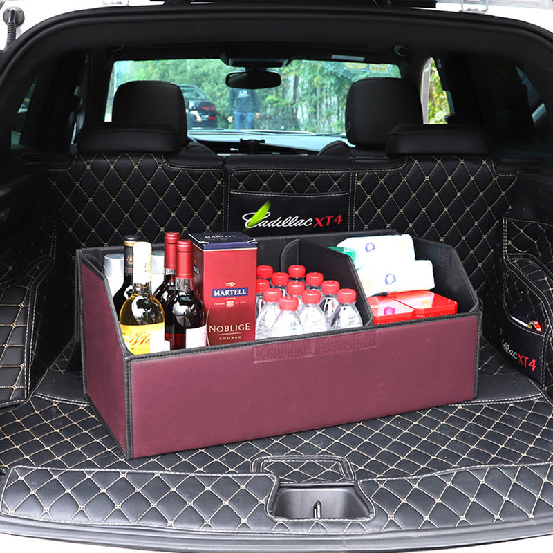 Leather Car Boot Organizer Red Medium Collapsible Foldable Portable Storage Box