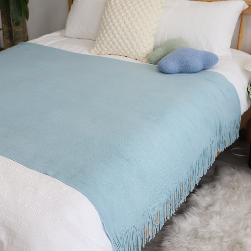 Sky Blue Acrylic Knitted Throw Blanket 130x220cm Fringed Cozy Home Decor