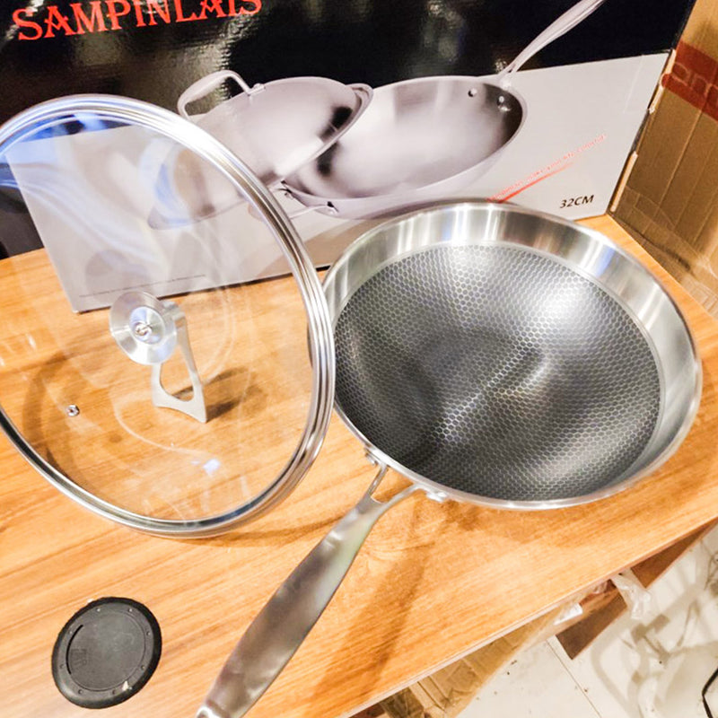 34cm 18/10 Stainless Steel Tri Ply Frying Pan Textured Non Stick With Glass Lid